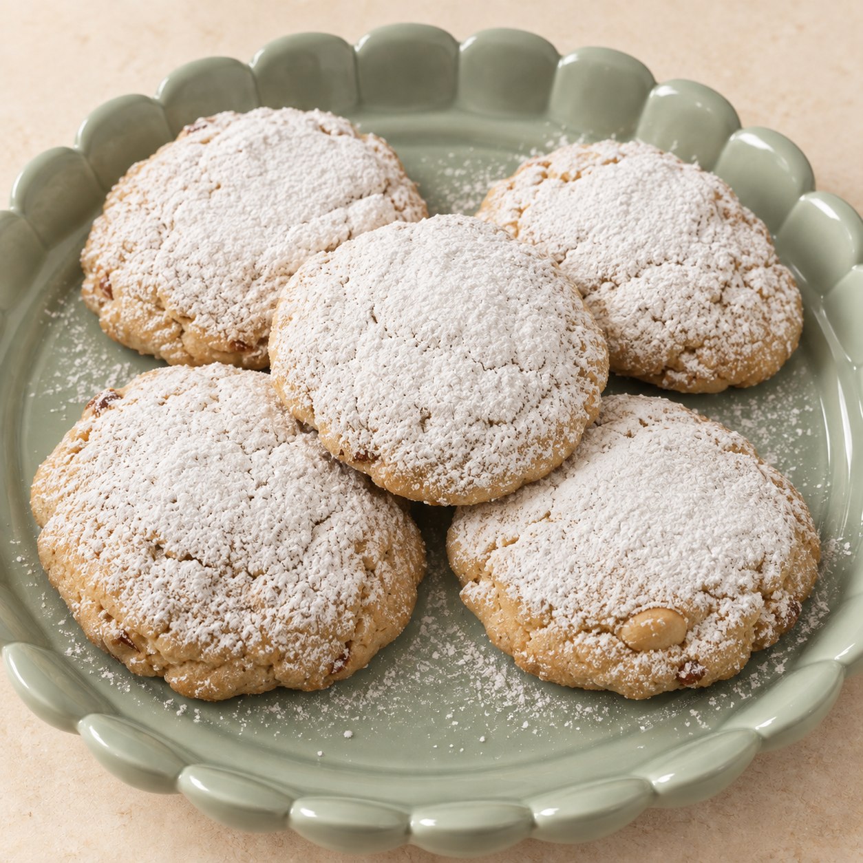 Five round almond croissant cookies dusted with powdered sugar on a pale green scalloped platter.
