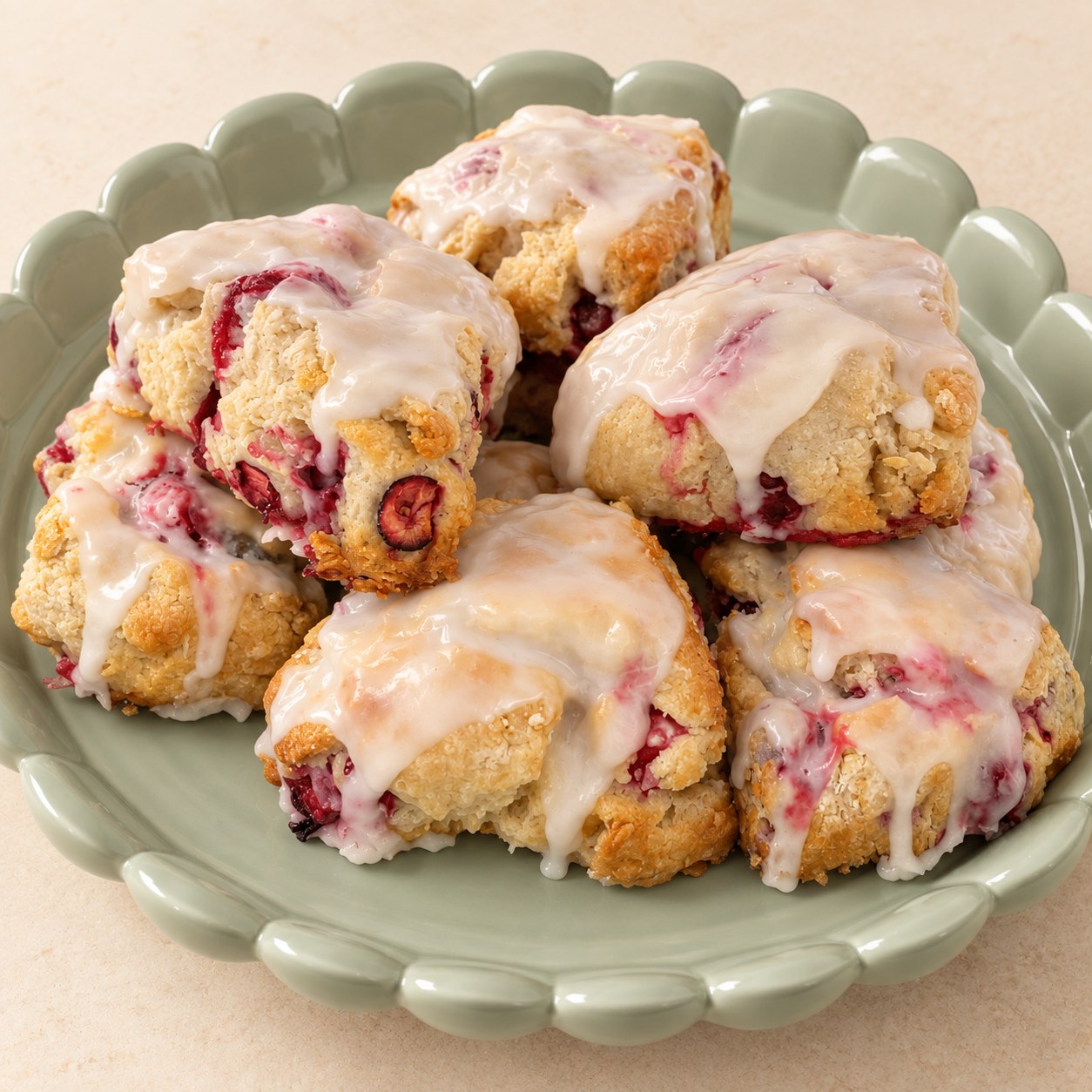 Rustic golden scones with white glaze and red fruit pieces on a pale green scalloped platter.